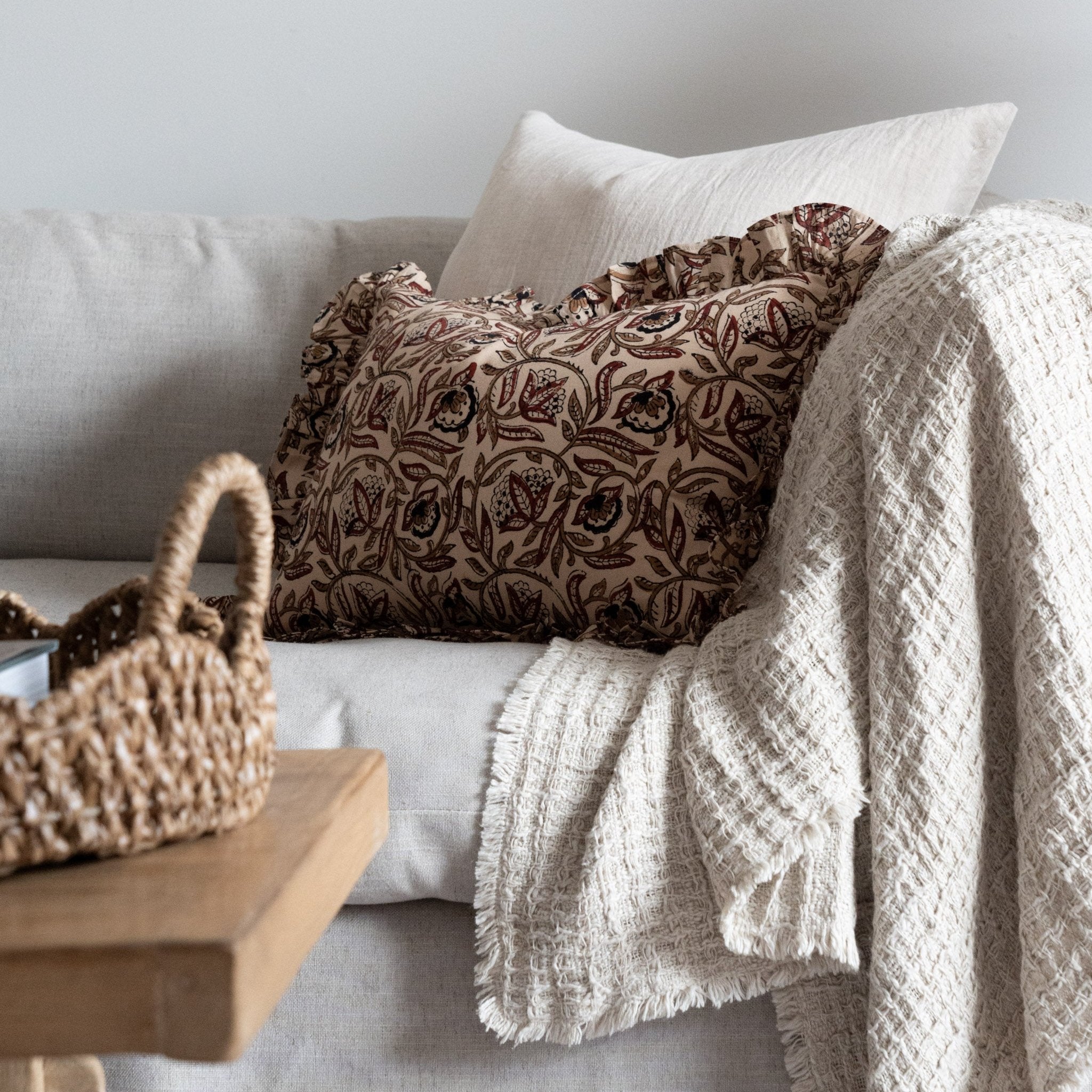 Mairi Block Print Ruffle Pillow Cover 1 - PILLOWS - block print - neutral Rug & Weave Pillows
