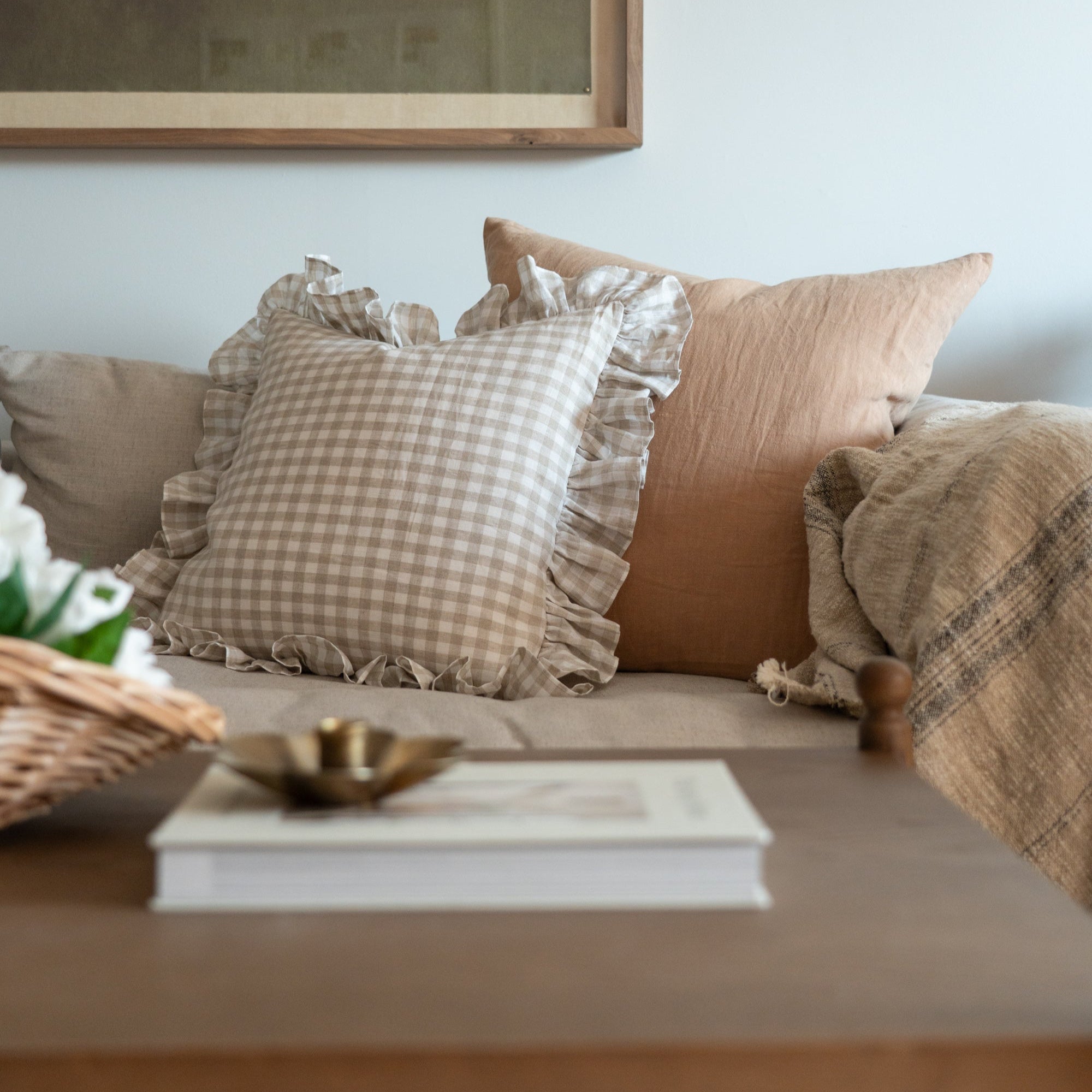 Gingham Ruffle Pillow Cover 1 - PILLOWS - Linen - neutral Rug & Weave Pillows