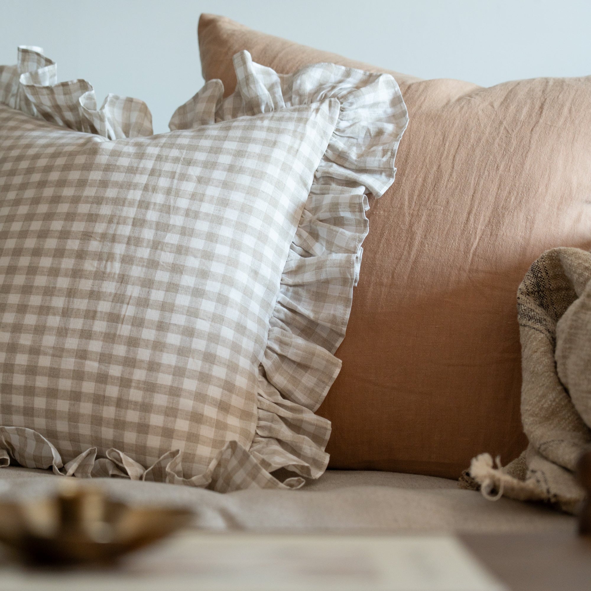 Gingham Ruffle Pillow Cover 1 - PILLOWS - Linen - neutral Rug & Weave Pillows