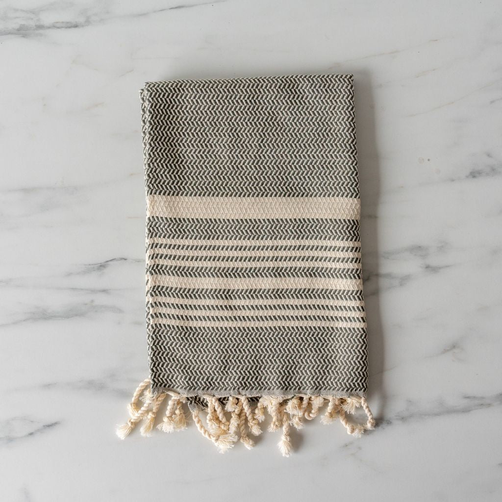Striped Turkish Hand Towel with Tassel hand towel Pokoloko Charcoal