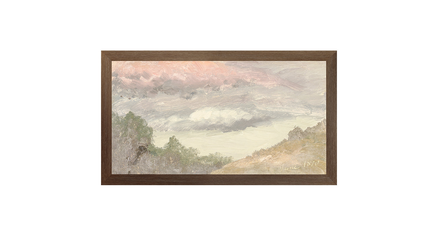 "Hudson River School - Clouds Over Church's Farm 1870" Framed Art Print, Small Canvas On Board Dark Wood