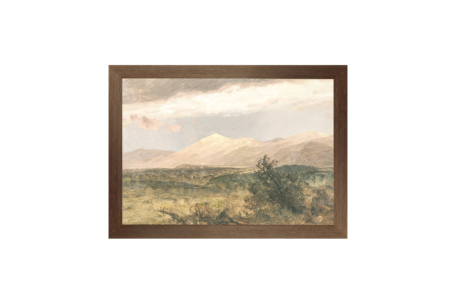 "Hudson River School - Catskills at Sunset 1870" Framed Art Print, Small Canvas On Board Dark Wood