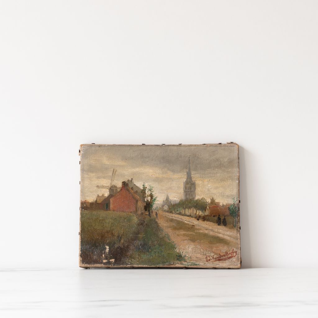 "Old Village Windmill" Antique Oil Painting - Rug & Weave