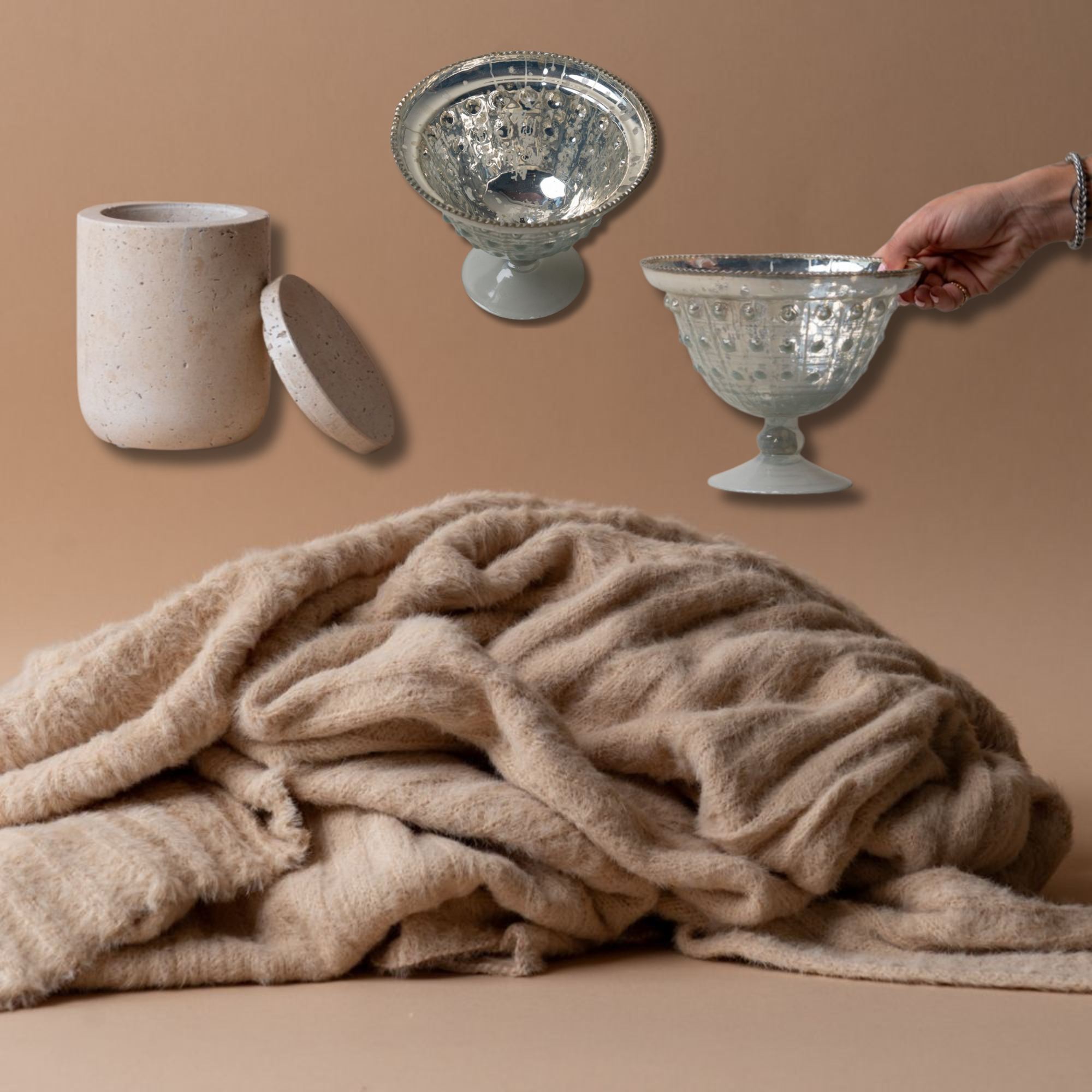 Holiday Gifting Bundle | Plush Throw, Travertine Jar with Lid & Footed Glass Bowl Rug and Weave