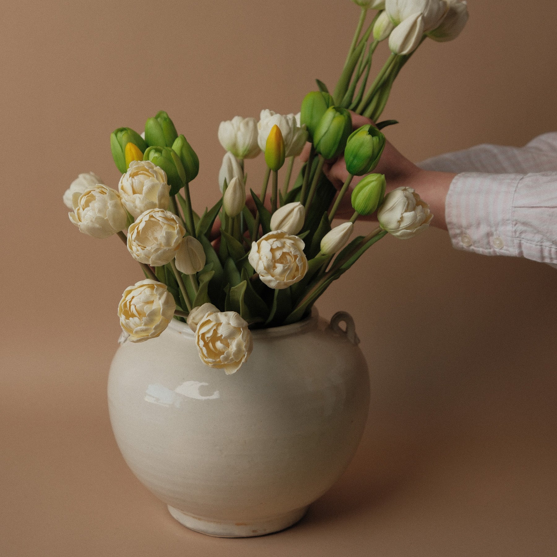 Faux Dynasty Peony Tulip Bundle faux stem Tri W Imports