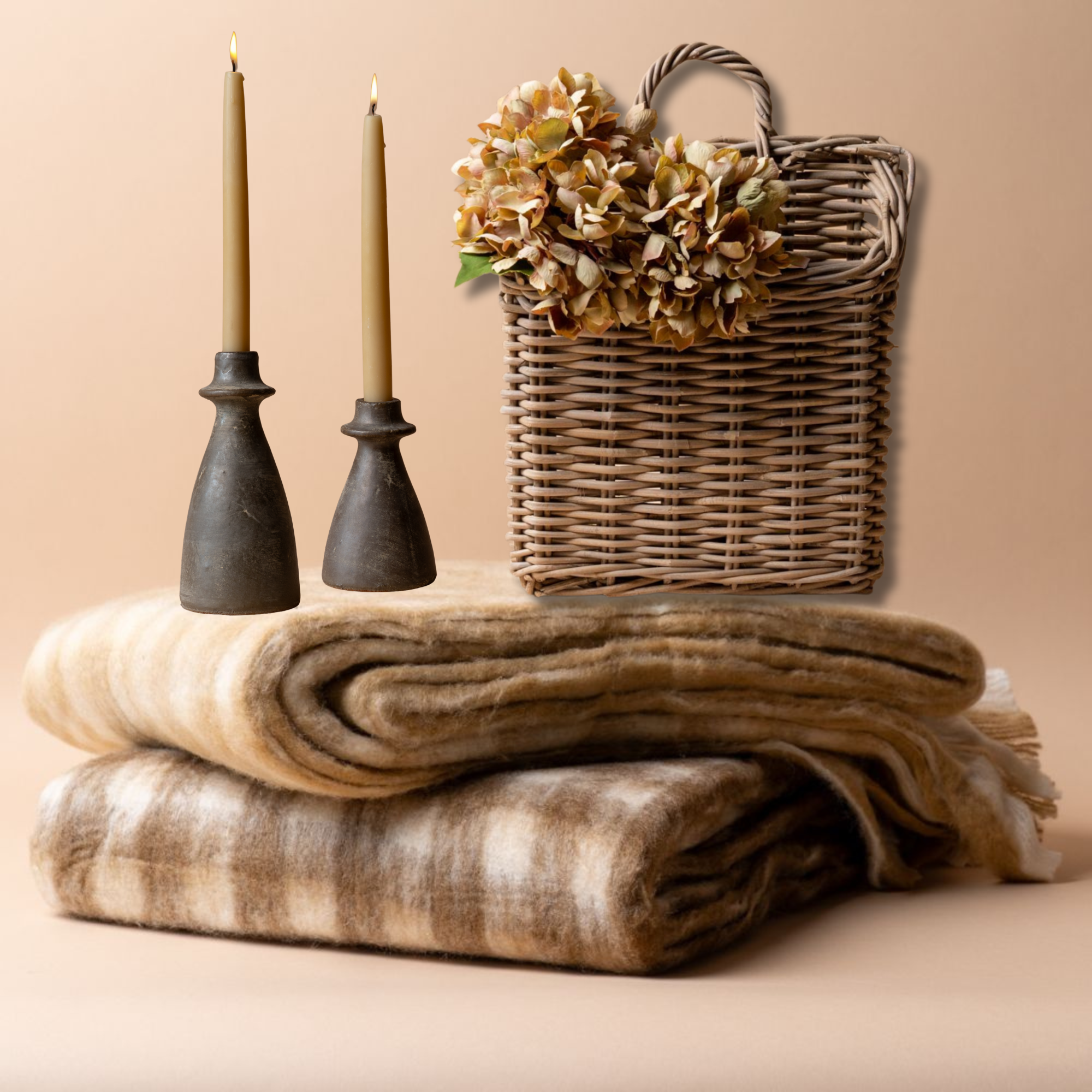 Holiday Gifting Bundle | Toffee Blanket, Candle Holders & Wall Basket Rug and Weave