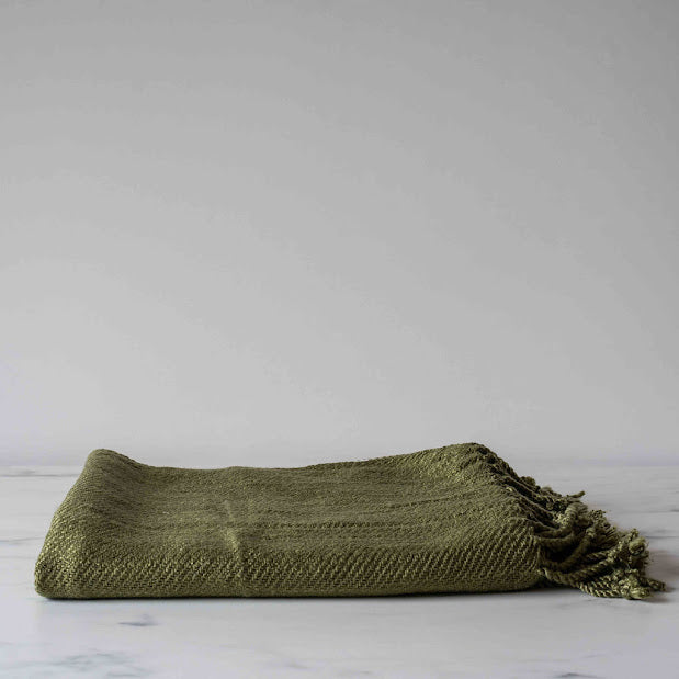 Olive Woven Fringed Throw Blanket-Rug & Weave