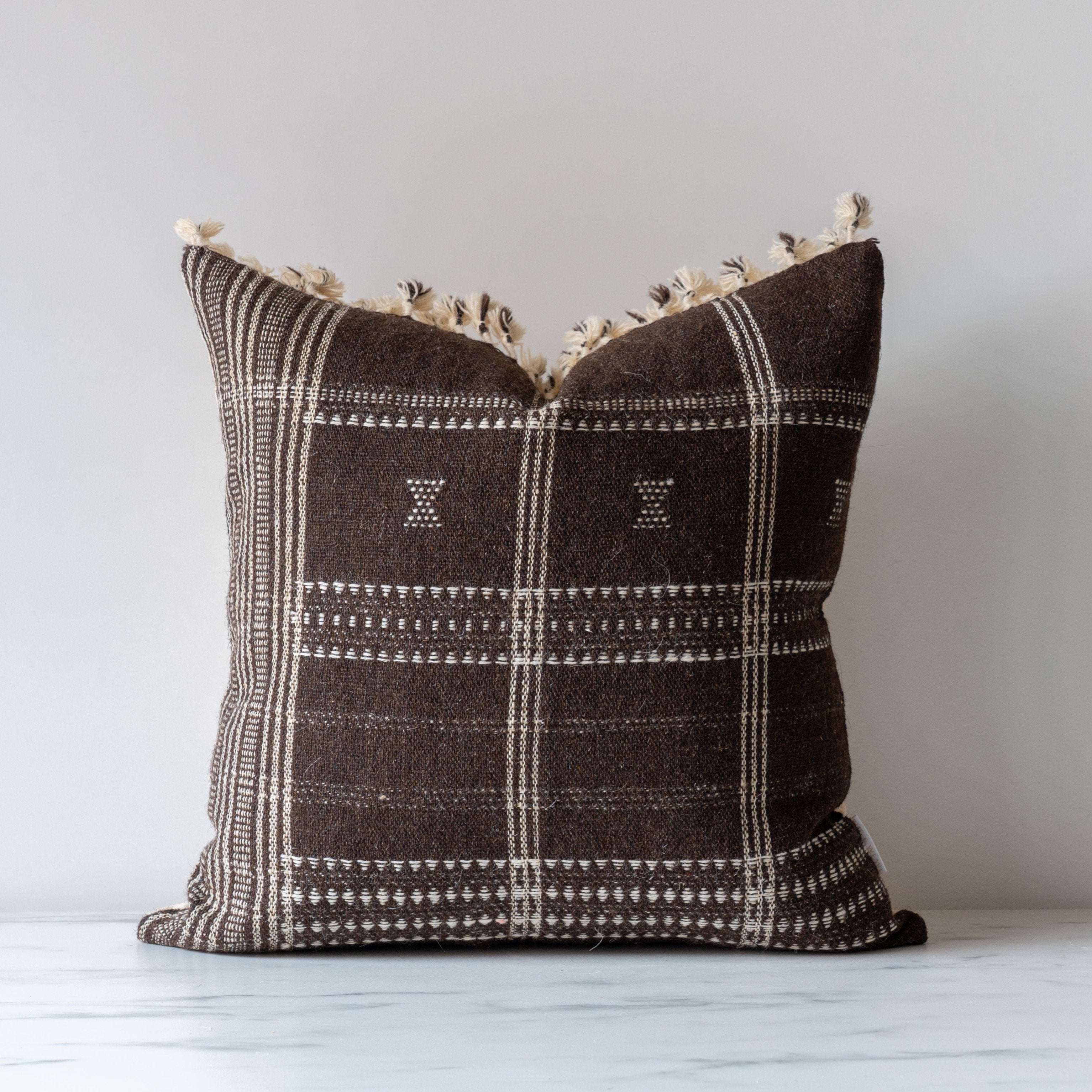 Umber Bhujodi Fringe Pillow Cover 1 - PILLOWS - Bhujodi - neutral Rug & Weave Pillows 20" x 20" with side band