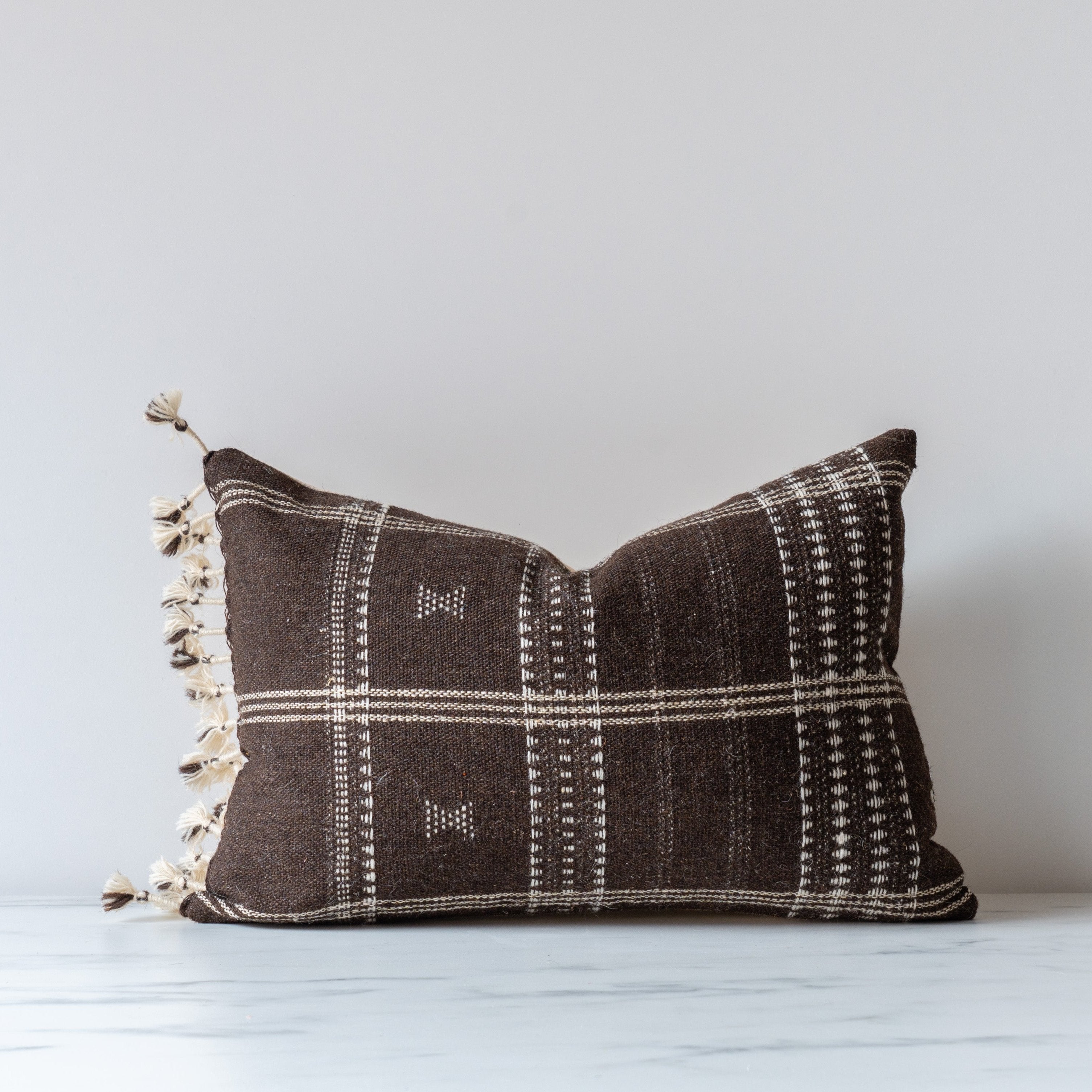 Umber Bhujodi Fringe Pillow Cover 1 - PILLOWS - Bhujodi - neutral Rug & Weave Pillows 14" x 20"