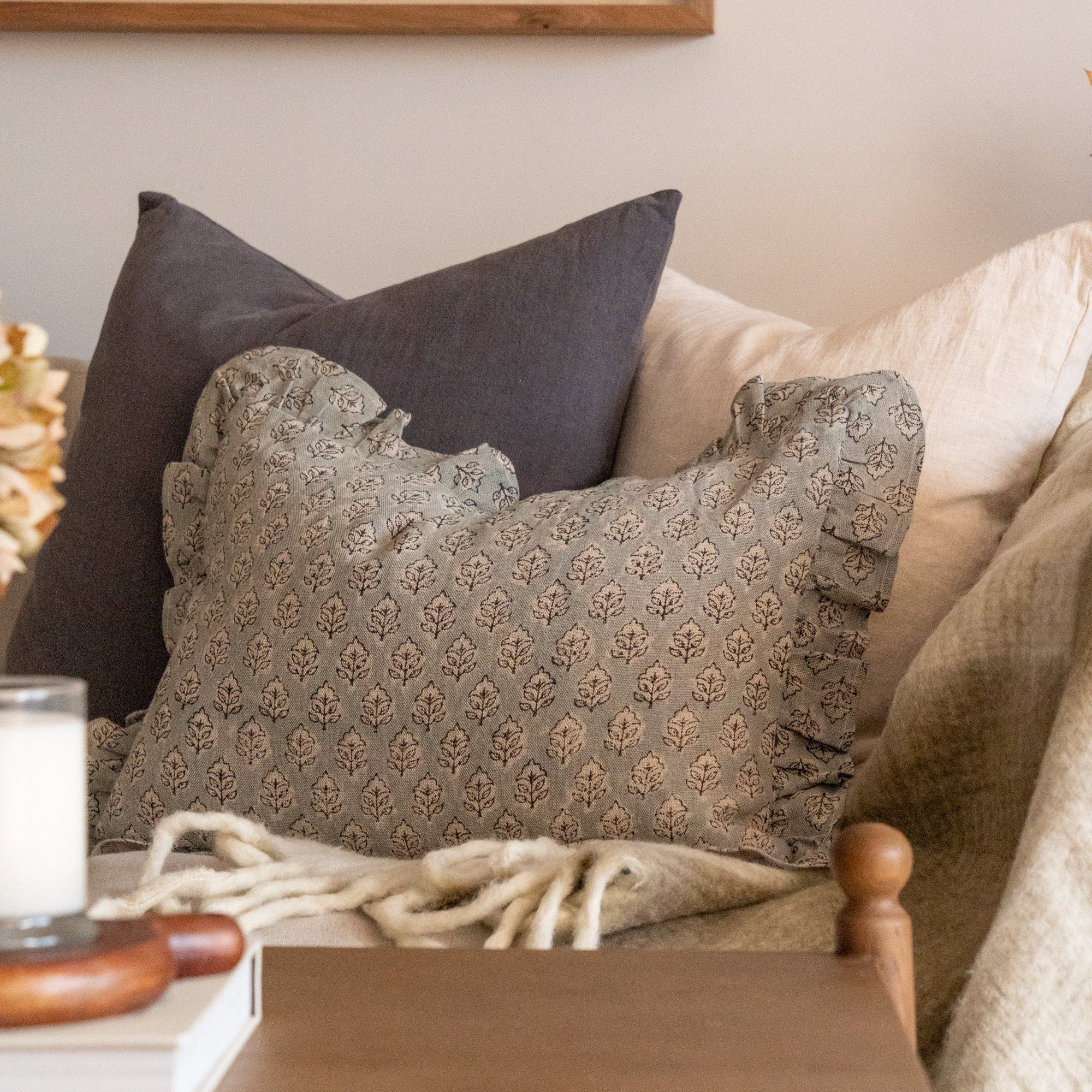 Mila Block Print Ruffle Pillow Cover 1 - PILLOWS - block print - neutral ORNA HOUSE
