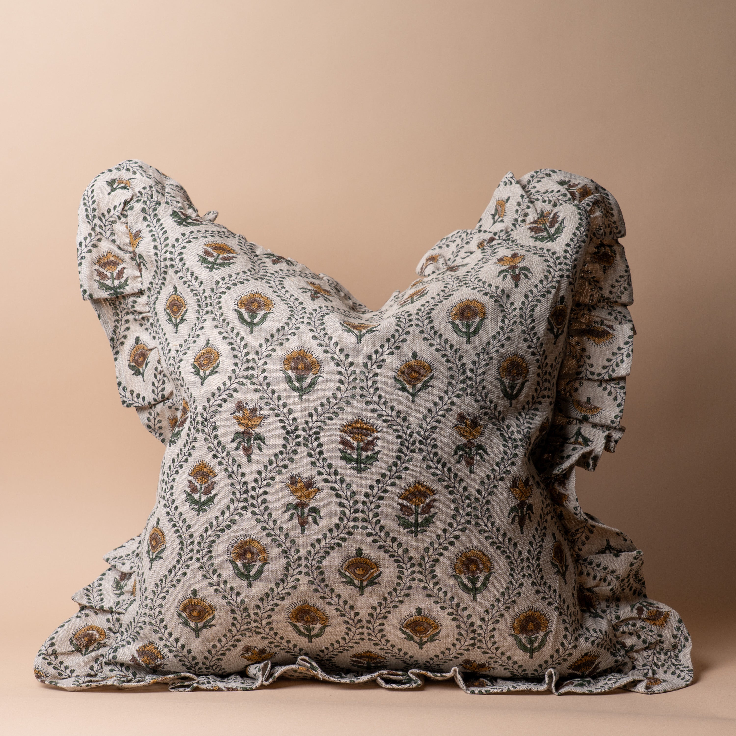 Noreen Block Print Ruffle Pillow Cover 1 - PILLOWS - Block print - neutral ORNA HOUSE