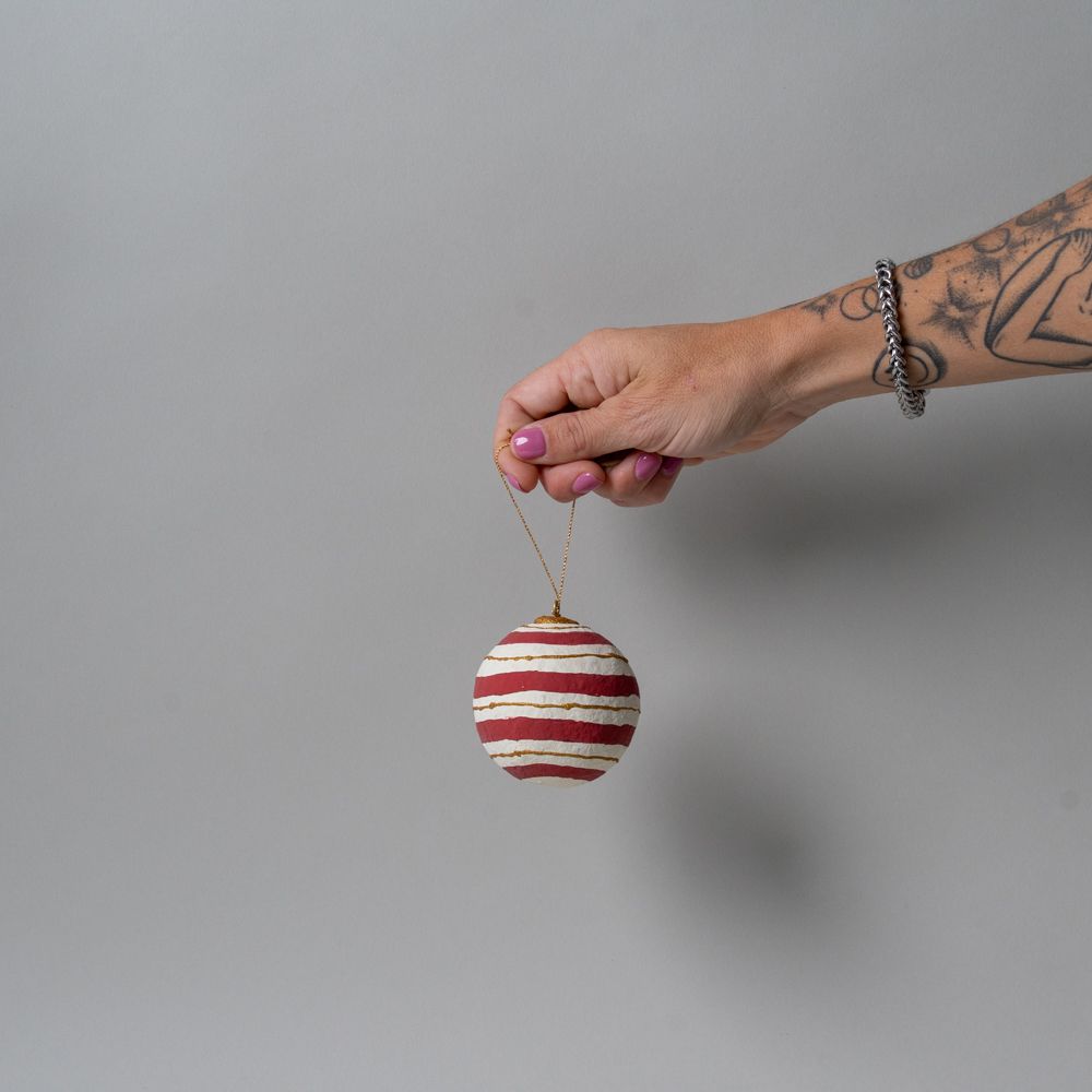 Cotton Mache Bauble Ornament, Red Stripe