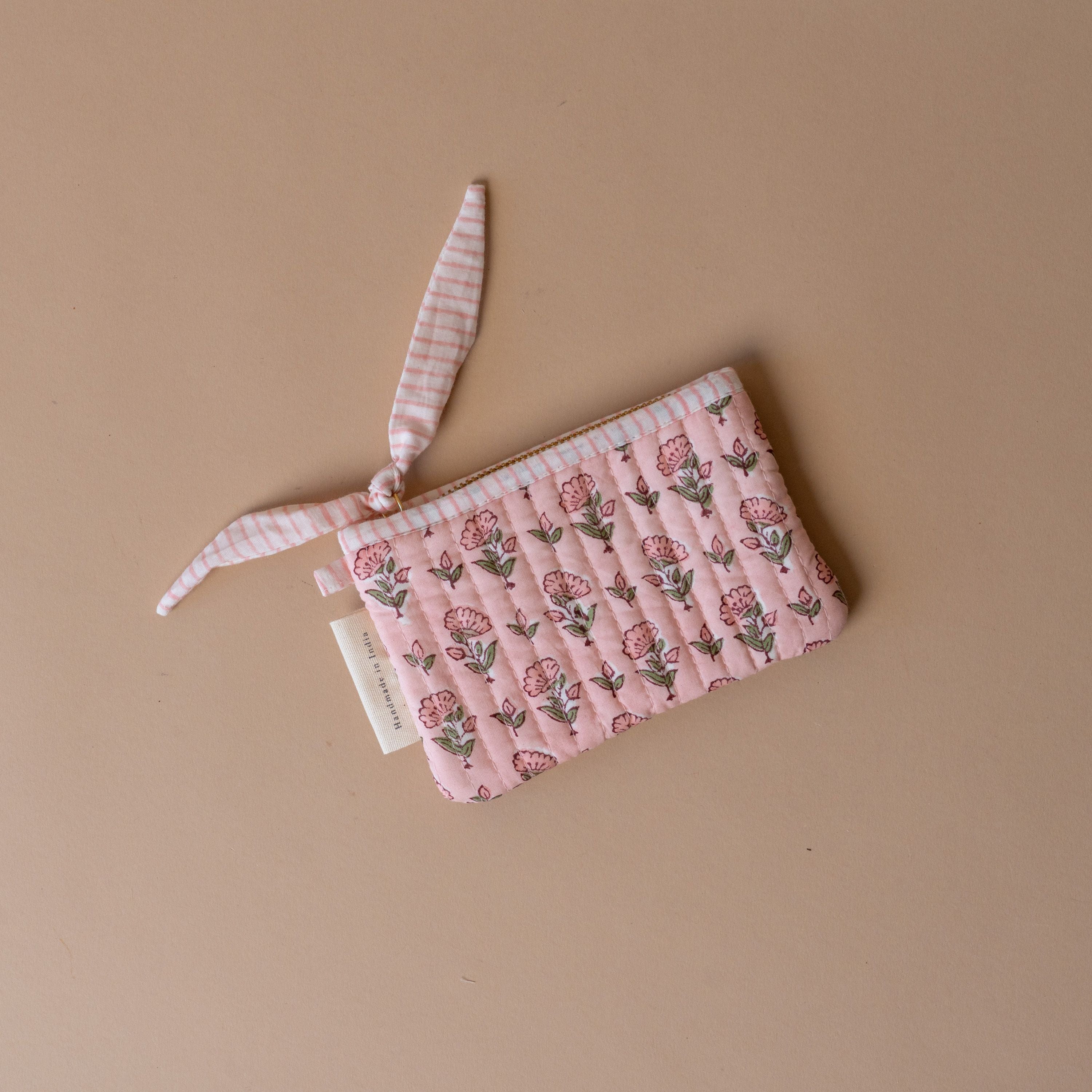 Organic Cotton Floral Pouch reusable bag Paper Mirchi (Faire) Small Pink