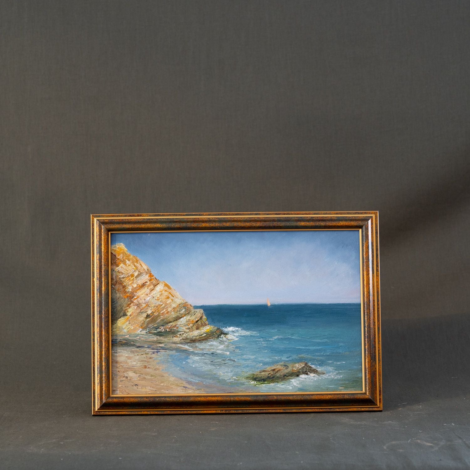 "Hidden Beach" Framed Vintage Painting - Rug & Weave