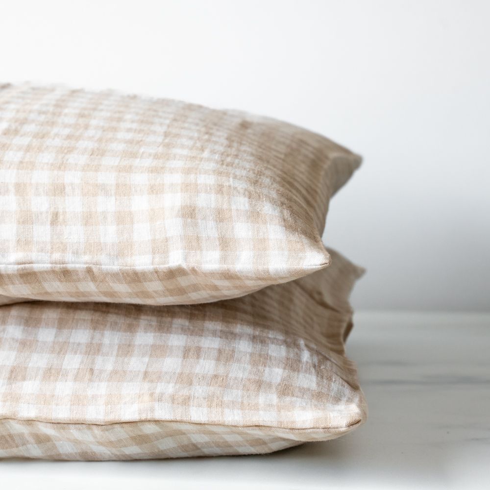 Beige Gingham Linen Pillowcase Set